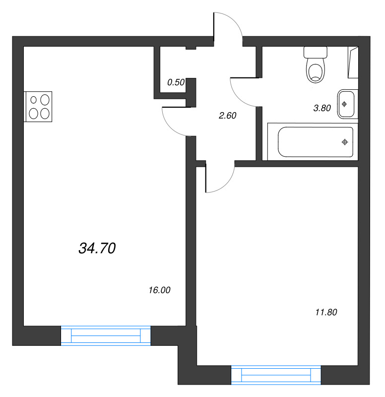 2-комнатная (Евро) квартира, 34.7 м² в ЖК "Зеркальный ручей" - планировка, фото №1