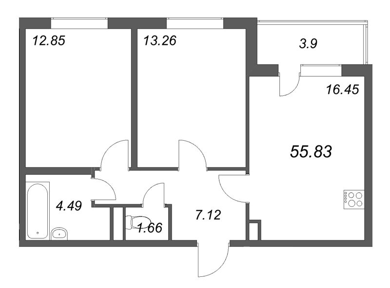 3-комнатная (Евро) квартира, 55.83 м² в ЖК "ЮгТаун" - планировка, фото №1