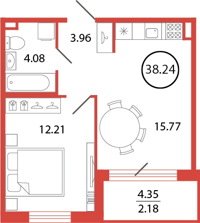 2-комнатная (Евро) квартира, 38.24 м² в ЖК "Энфилд" - планировка, фото №1