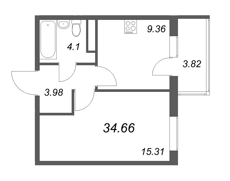 1-комнатная квартира, 34.66 м² в ЖК "Новая история" - планировка, фото №1