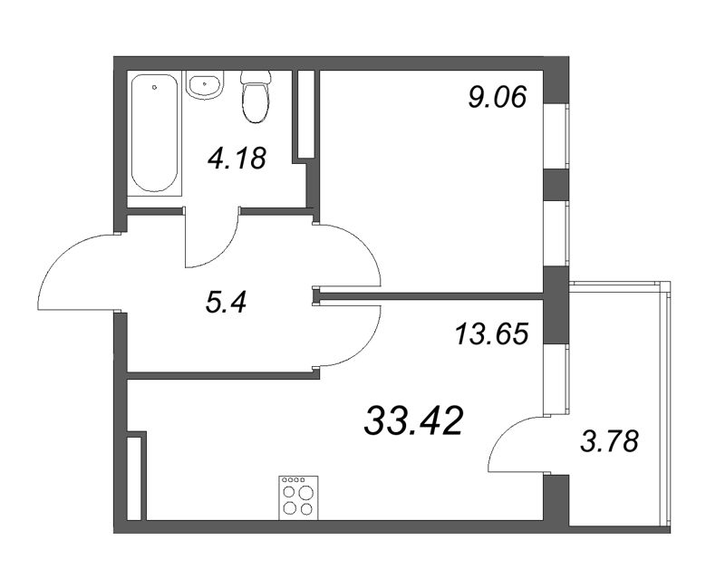 1-комнатная квартира, 33.42 м² в ЖК "Новая история" - планировка, фото №1