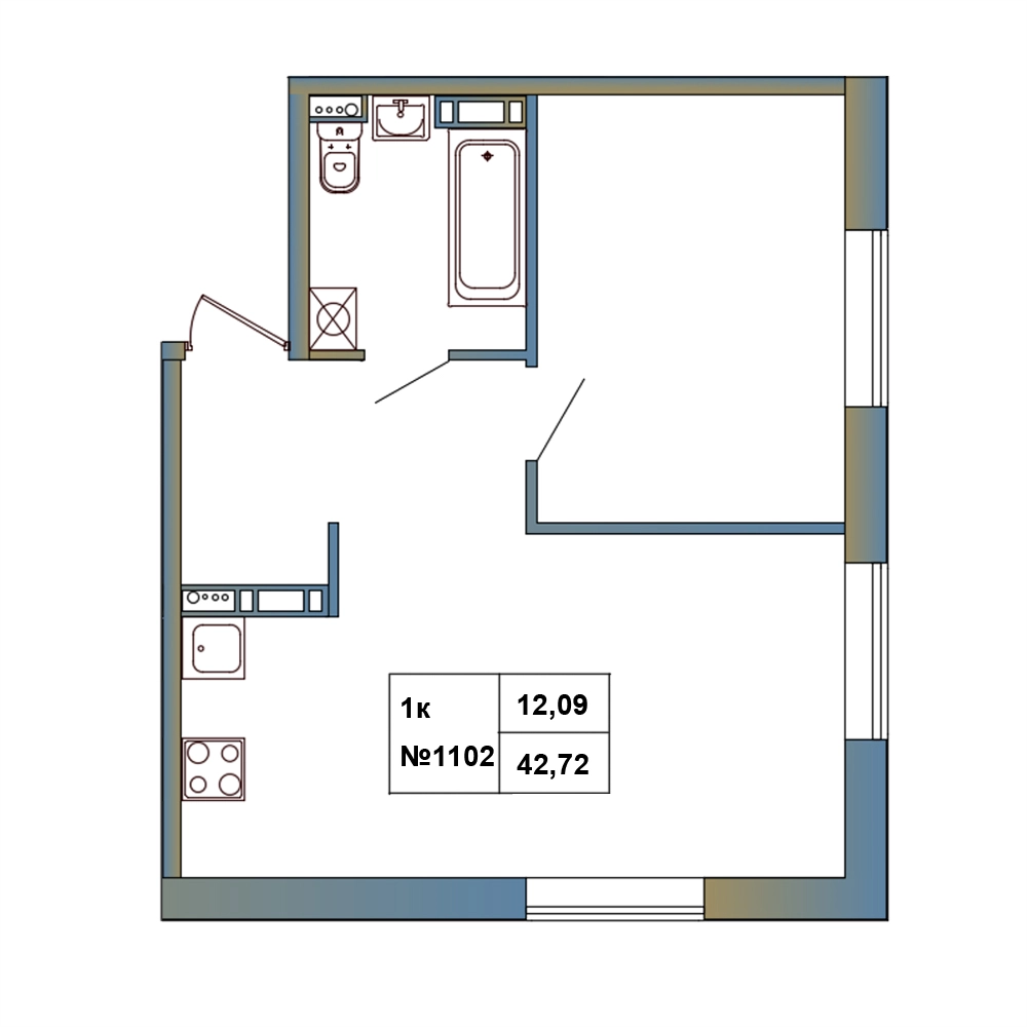 1-комнатная квартира, 42.72 м² в ЖК "Атмосфера Выборга" - планировка, фото №1