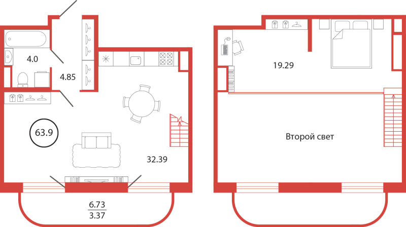 2-комнатная (Евро) квартира, 63.9 м² в ЖК "Энфилд" - планировка, фото №1