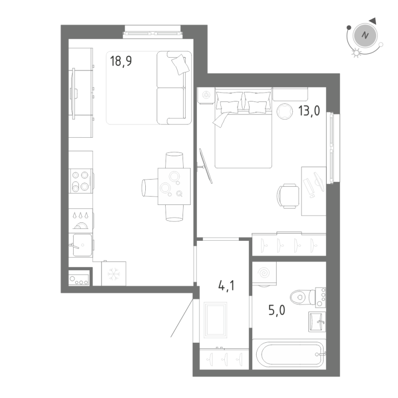 2-комнатная (Евро) квартира, 41 м² в ЖК "Клюква.Парк" - планировка, фото №1