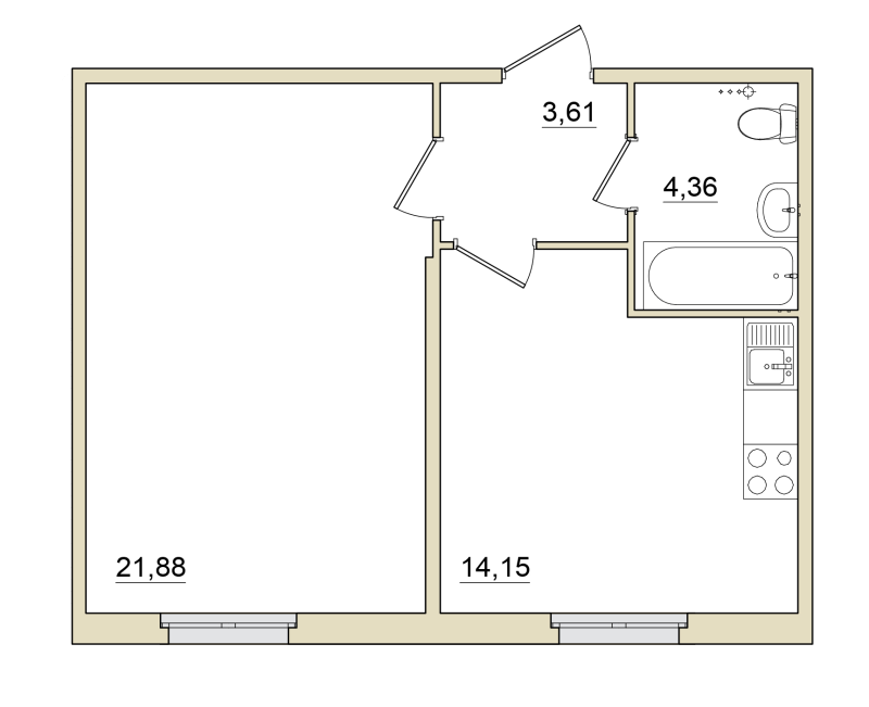 1-комнатная квартира, 44.4 м² - планировка, фото №1