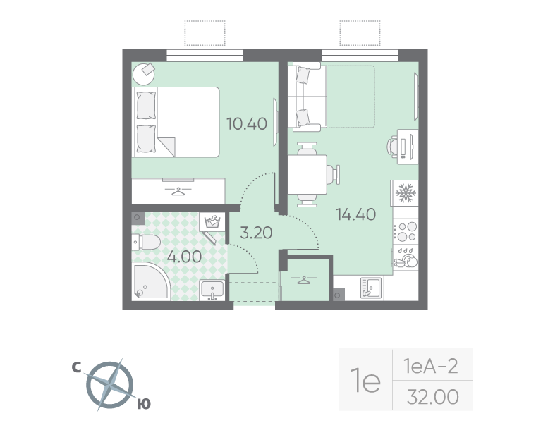 1-комнатная квартира, 32 м² в ЖК "Ручьи" - планировка, фото №1