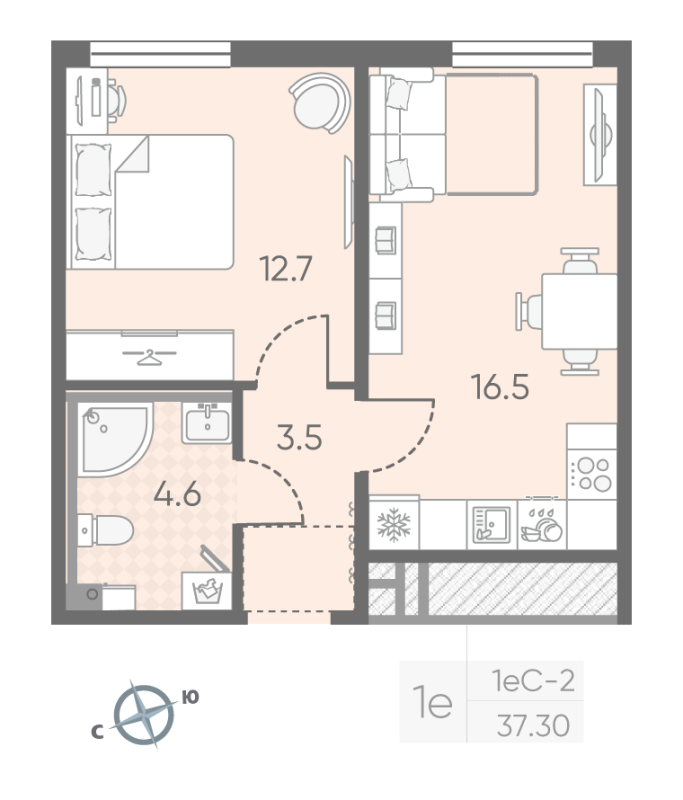 1-комнатная квартира, 37.3 м² - планировка, фото №1