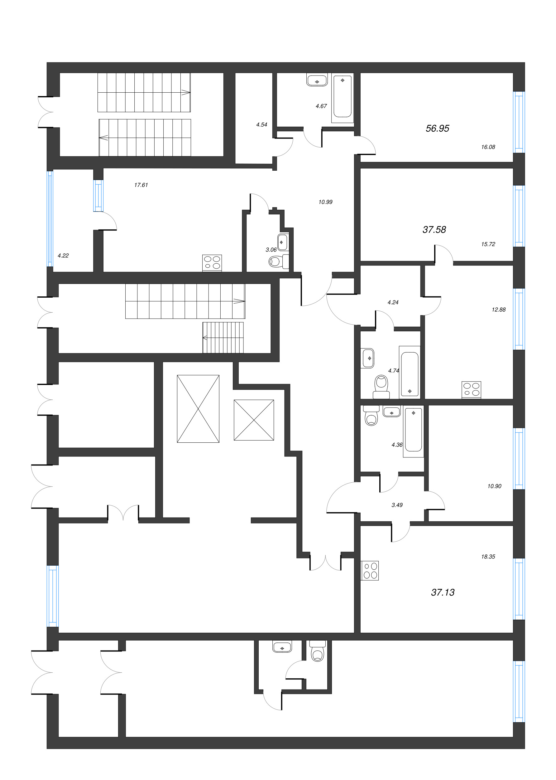 2-комнатная (Евро) квартира, 56.95 м² - планировка этажа