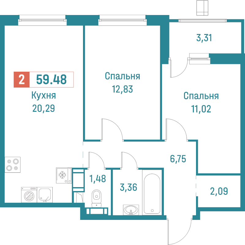3-комнатная (Евро) квартира, 59.48 м² - планировка, фото №1
