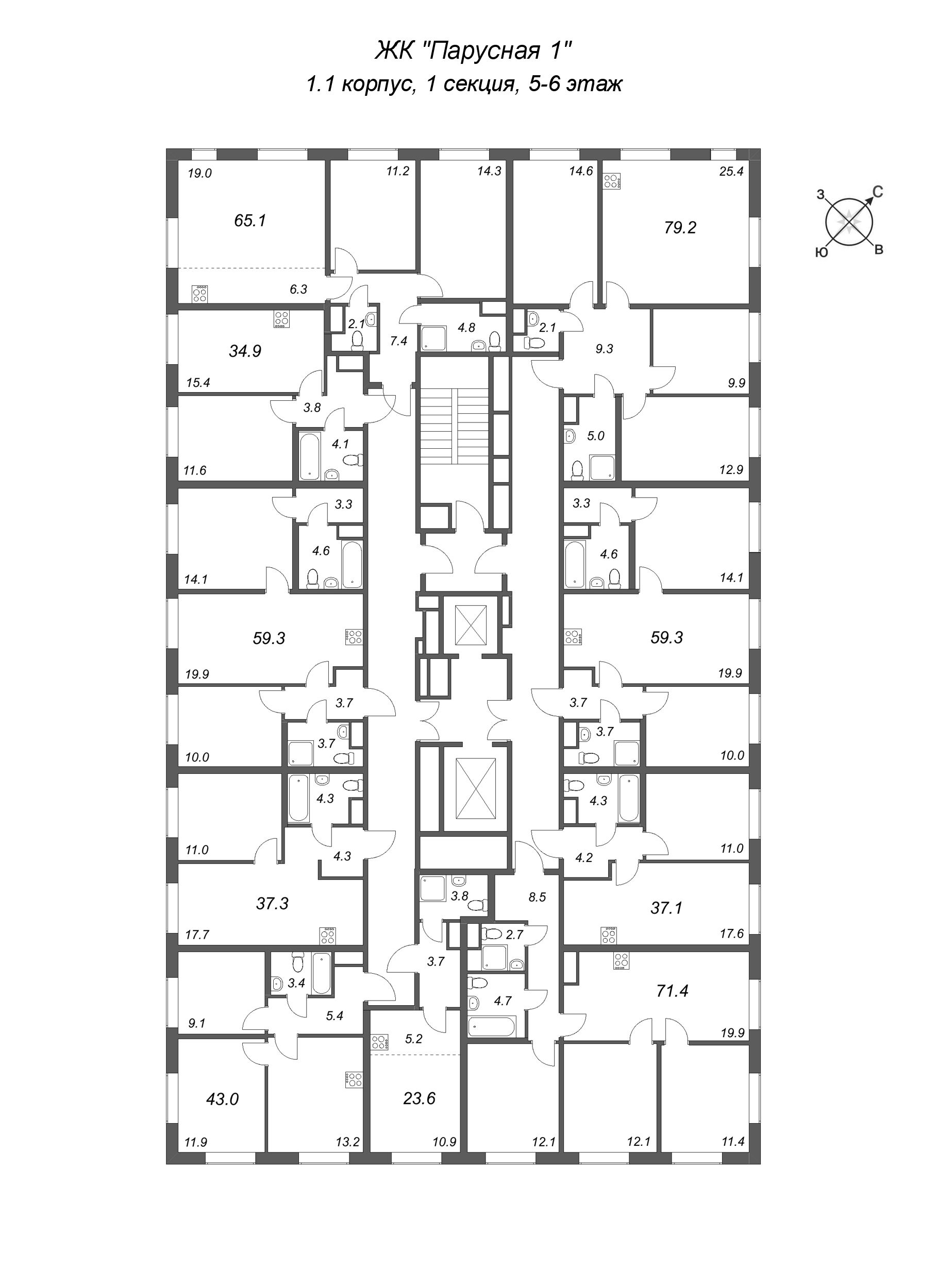 2-комнатная (Евро) квартира, 34.9 м² - планировка этажа