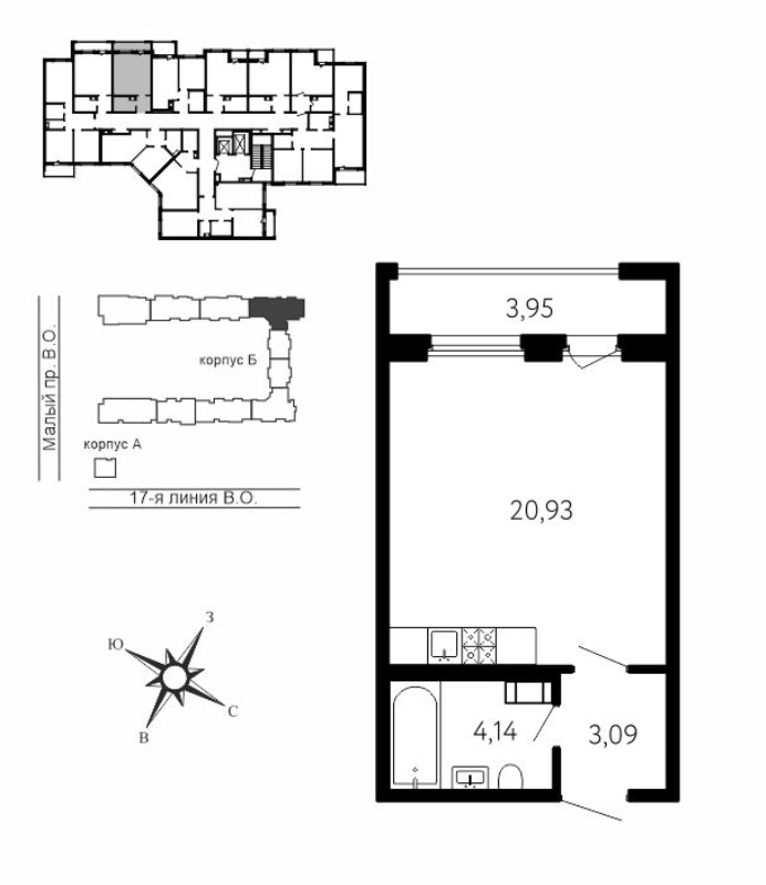 Квартира-студия, 29.35 м² в ЖК "17-я линия" - планировка, фото №1