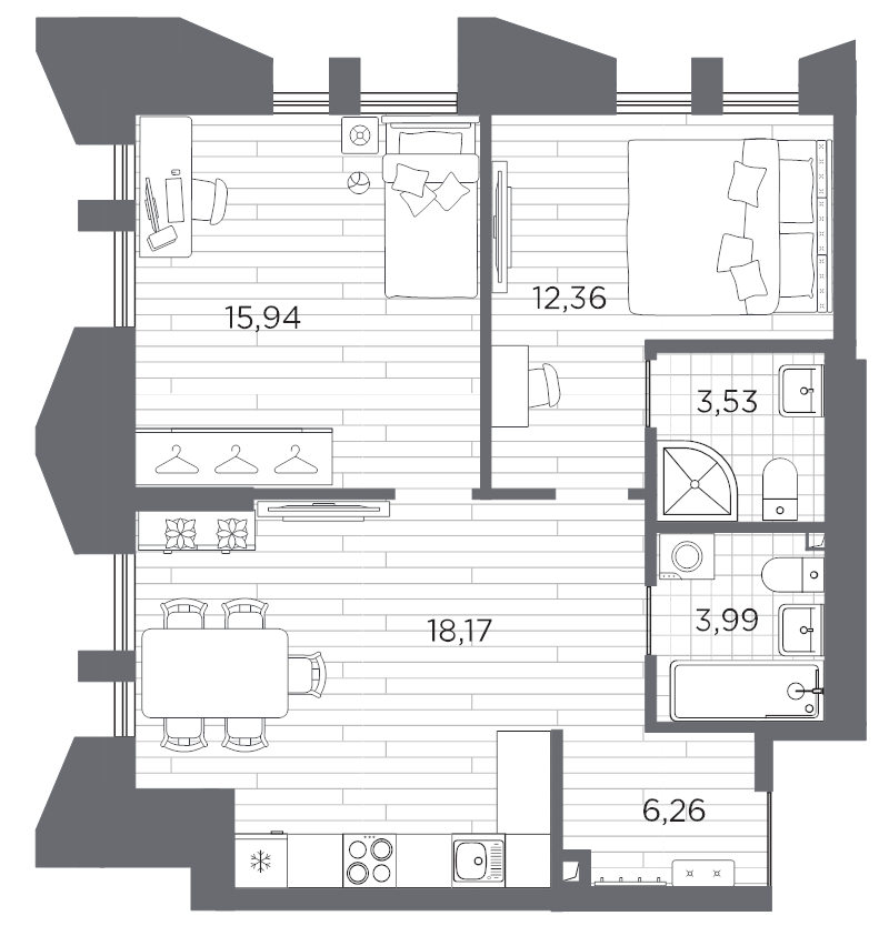 3-комнатная (Евро) квартира, 60.25 м² в ЖК "Галерная гавань" - планировка, фото №1