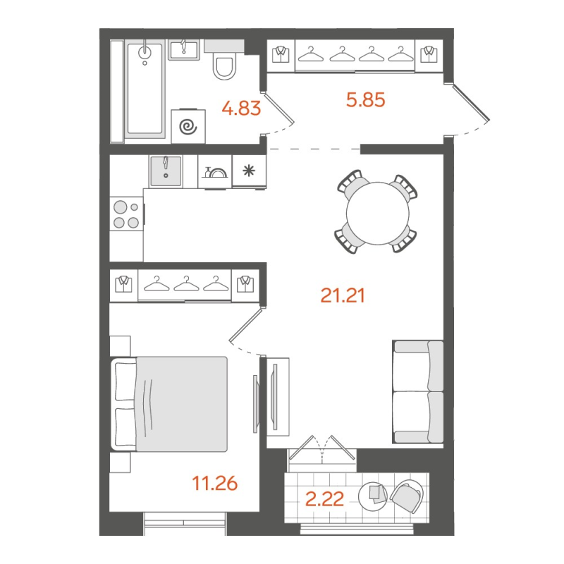 2-комнатная (Евро) квартира, 44.1 м² в ЖК "STAVNI Обводный" - планировка, фото №1