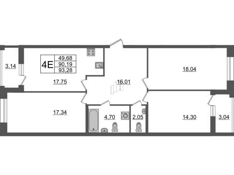3-комнатная квартира, 93.28 м² - планировка, фото №1