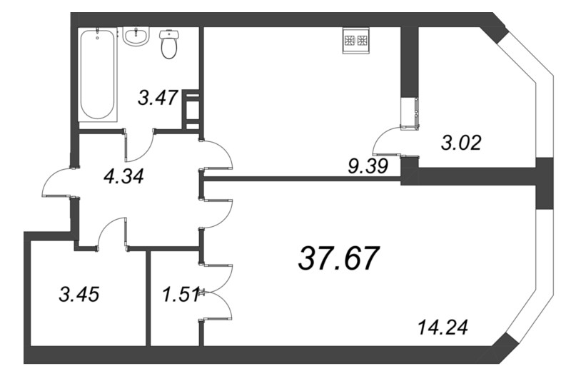 1-комнатная квартира, 37.67 м² в ЖК "Капральский" - планировка, фото №1