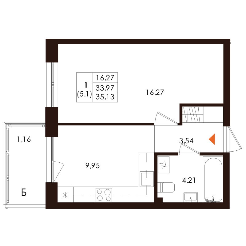 1-комнатная квартира, 35.13 м² - планировка, фото №1