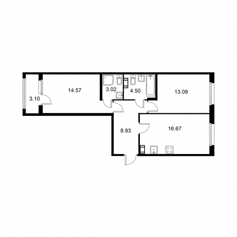 3-комнатная (Евро) квартира, 62.33 м² в ЖК "Квартал Заречье" - планировка, фото №1