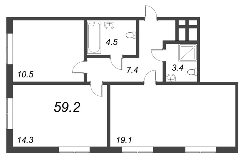 3-комнатная (Евро) квартира, 59.2 м² - планировка, фото №1