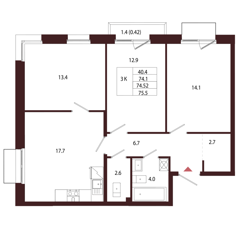 4-комнатная (Евро) квартира, 74.52 м² в ЖК "Лисино" - планировка, фото №1