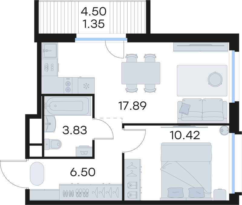 2-комнатная (Евро) квартира, 39.99 м² в ЖК "GloraX Парголово" - планировка, фото №1