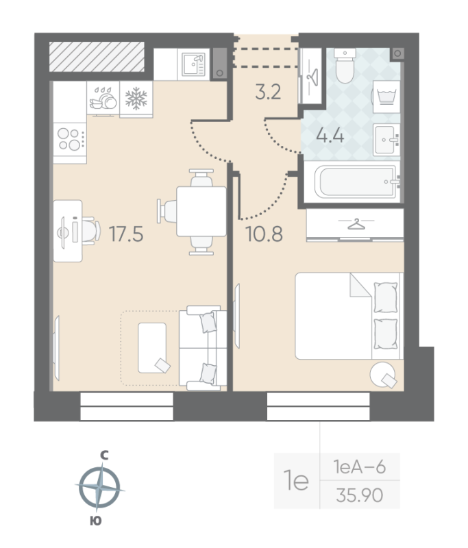 2-комнатная (Евро) квартира, 35.9 м² в ЖК "Большая Охта" - планировка, фото №1