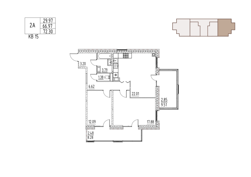 3-комнатная (Евро) квартира, 74.1 м² в ЖК "Loft у озера" - планировка, фото №1