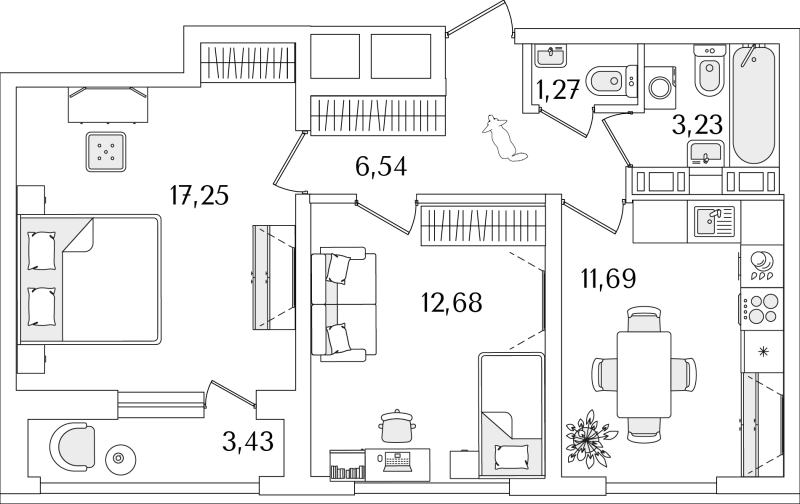 2-комнатная квартира, 54.47 м² - планировка, фото №1