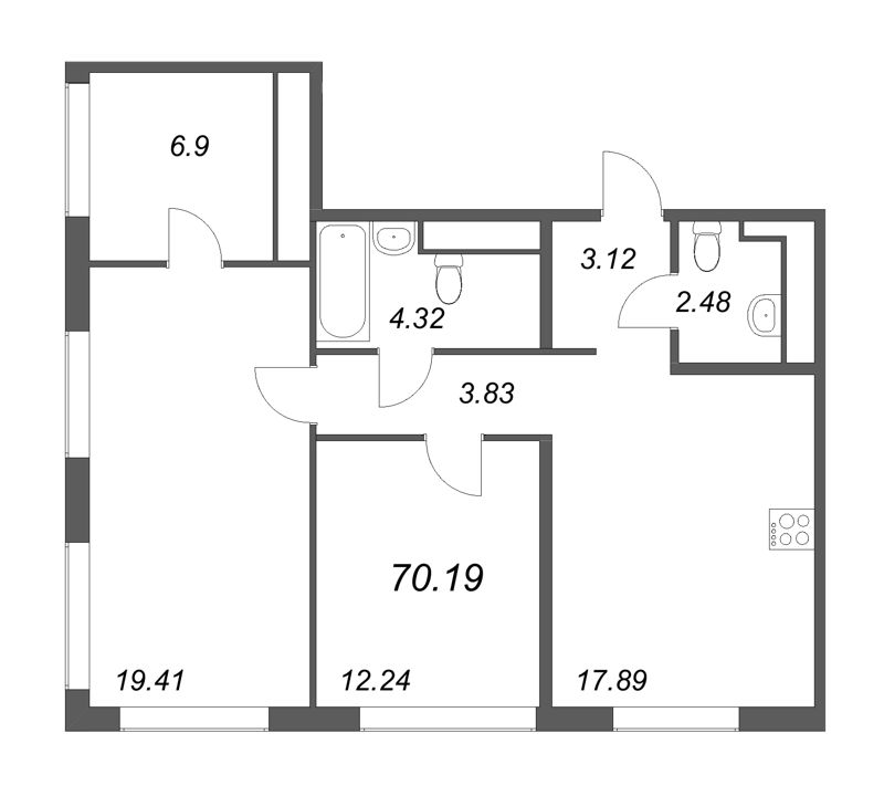 3-комнатная (Евро) квартира, 70.19 м² в ЖК "GloraX Василеостровский" - планировка, фото №1