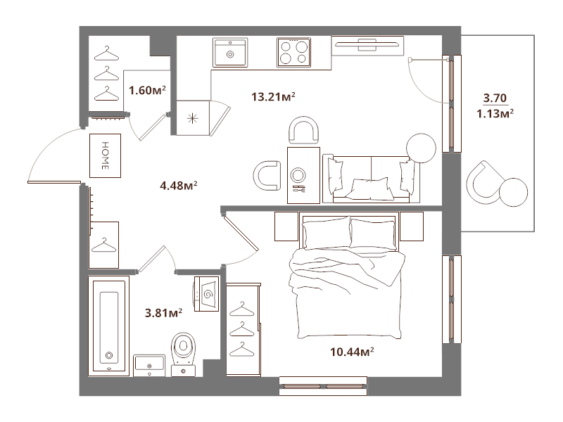 1-комнатная квартира, 34.67 м² в ЖК "ЛесArt" - планировка, фото №1