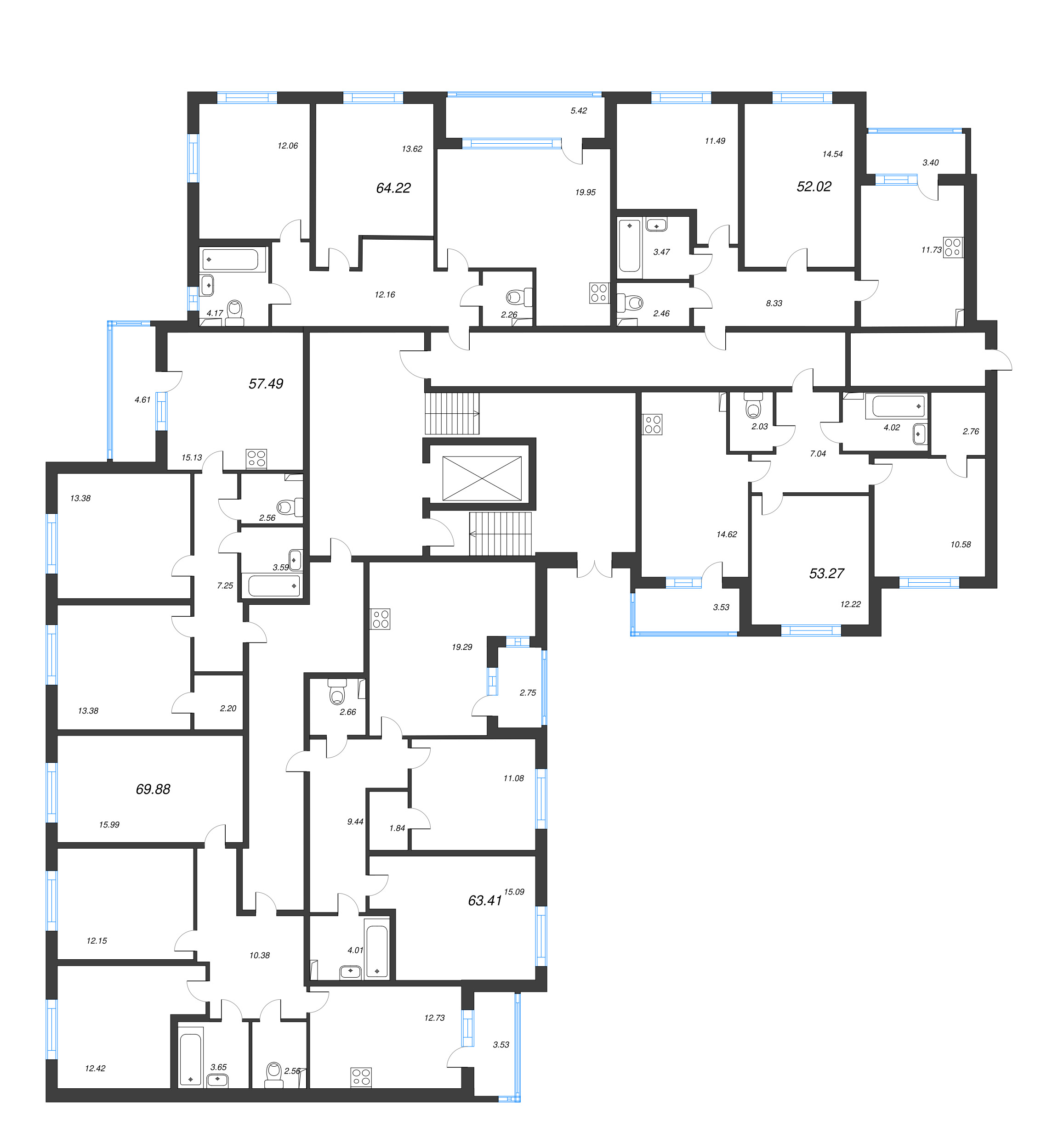2-комнатная квартира, 52.02 м² в ЖК "Любоград" - планировка этажа