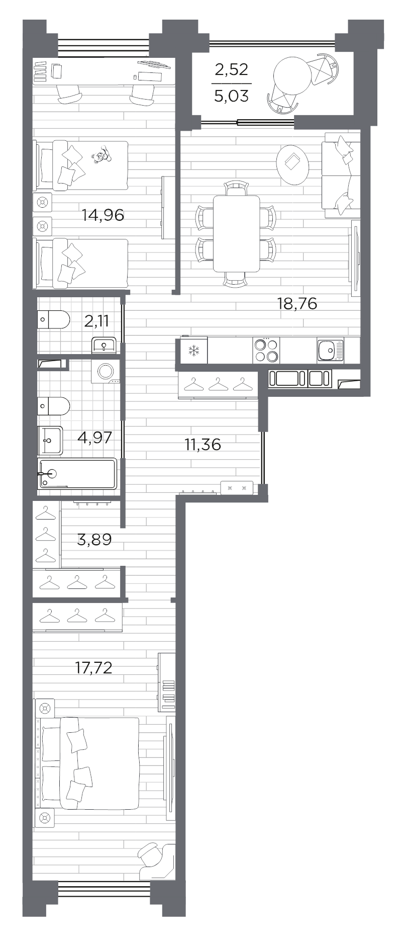 3-комнатная (Евро) квартира, 76.29 м² в ЖК "Ассамблея" - планировка, фото №1