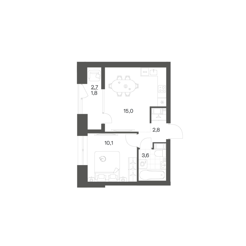 2-комнатная (Евро) квартира, 33.35 м² в ЖК "Новый Питер" - планировка, фото №1