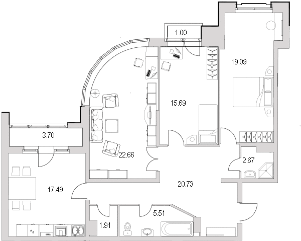 3-комнатная квартира, 109.6 м² - планировка, фото №1