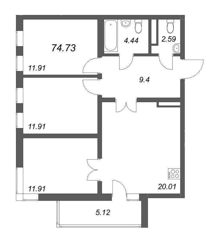 4-комнатная (Евро) квартира, 74.73 м² - планировка, фото №1