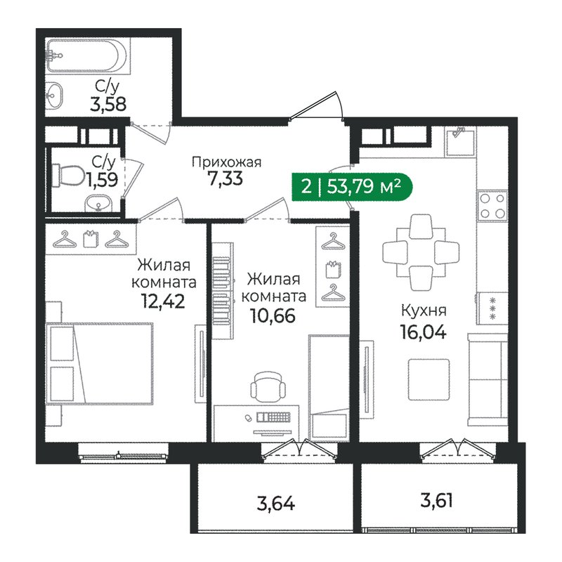 3-комнатная (Евро) квартира, 53.79 м² в ЖК "Сертолово Парк" - планировка, фото №1