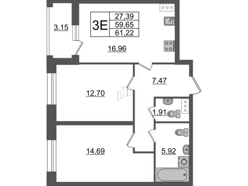 2-комнатная квартира, 61.22 м² в ЖК "Аквилон Leaves" - планировка, фото №1