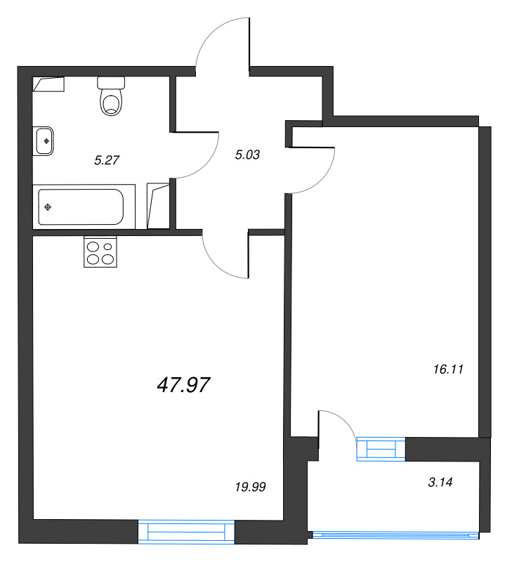 2-комнатная (Евро) квартира, 47.97 м² - планировка, фото №1