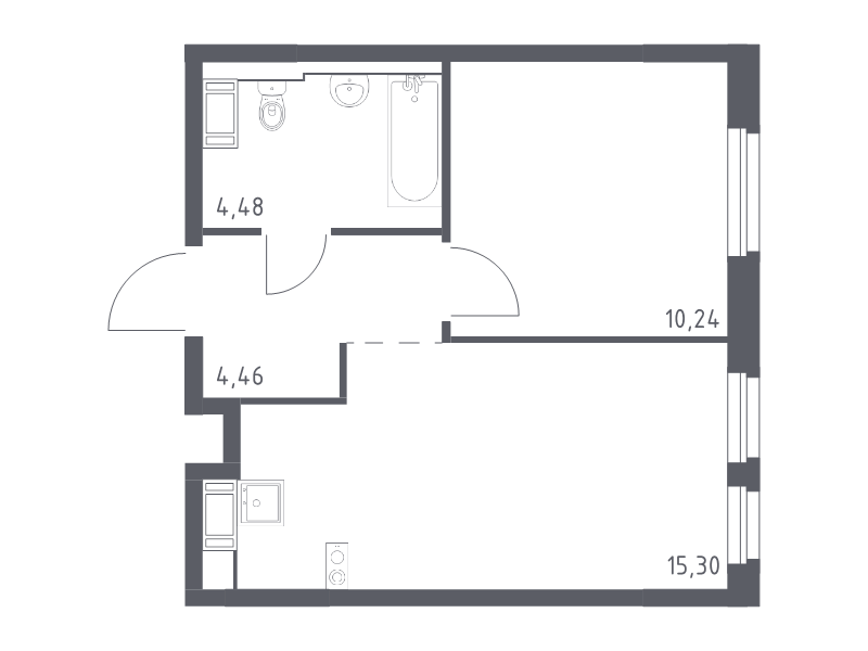 2-комнатная (Евро) квартира, 34.48 м² - планировка, фото №1