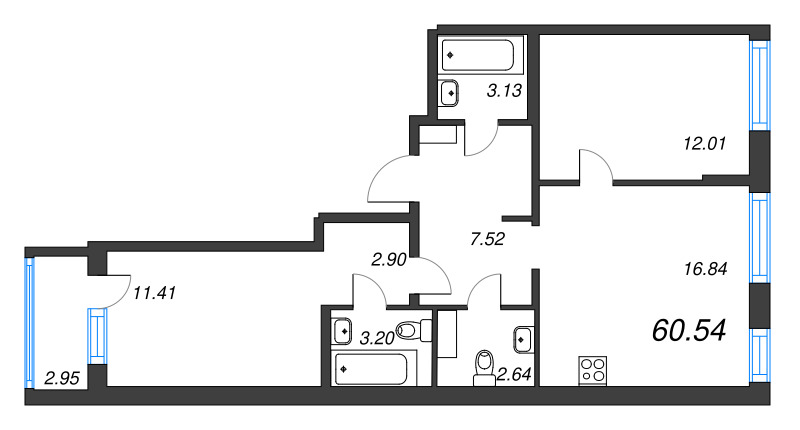 3-комнатная (Евро) квартира, 60.54 м² - планировка, фото №1