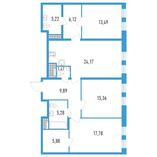 3-комнатная квартира, 104.66 м² в ЖК "Дефанс Премиум" - планировка, фото №1