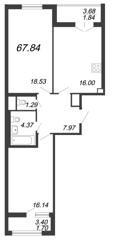 2-комнатная квартира, 67.84 м² - планировка, фото №1