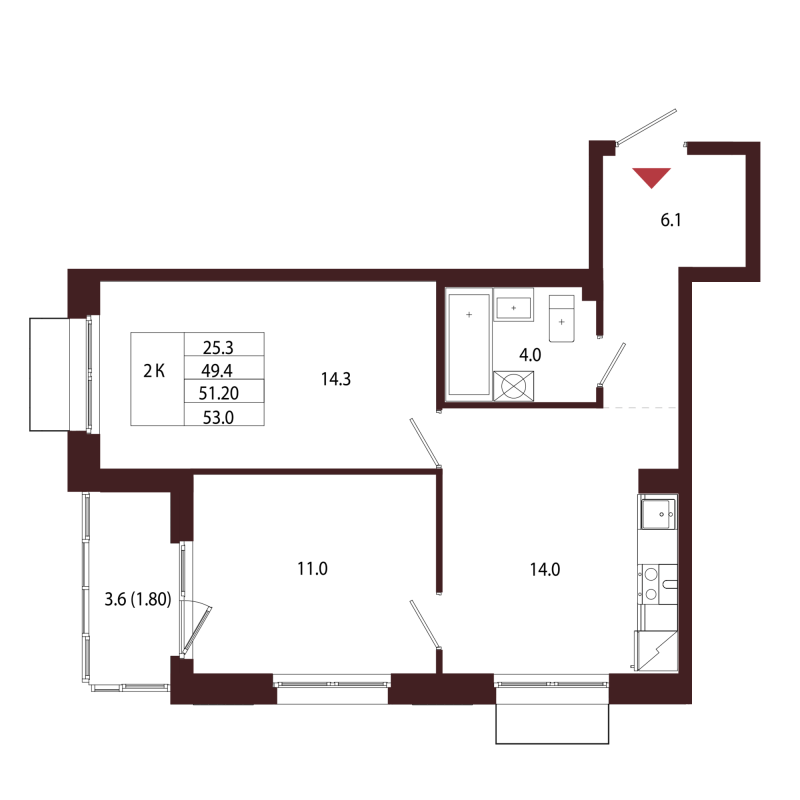 2-комнатная квартира, 51.2 м² в ЖК "Лисино" - планировка, фото №1