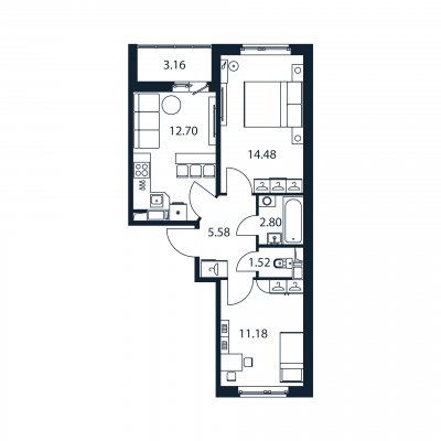 2-комнатная квартира, 48.26 м² в ЖК "Полис ЛАВрики" - планировка, фото №1