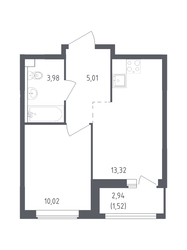 1-комнатная квартира, 33.85 м² - планировка, фото №1