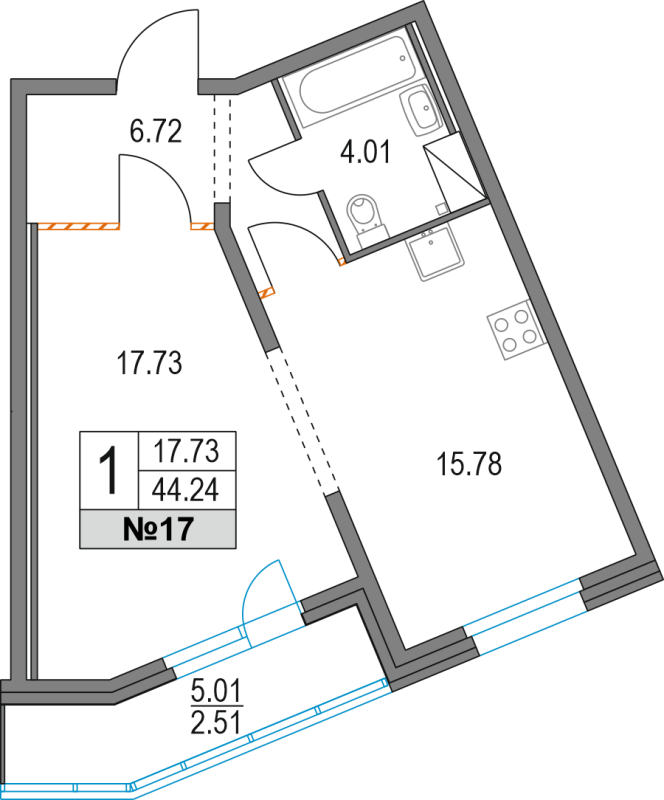 1-комнатная квартира, 44.2 м² - планировка, фото №1