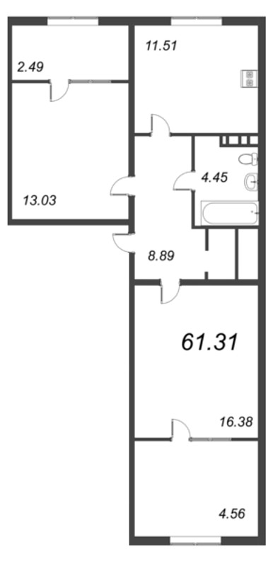2-комнатная квартира, 68.85 м² - планировка, фото №1