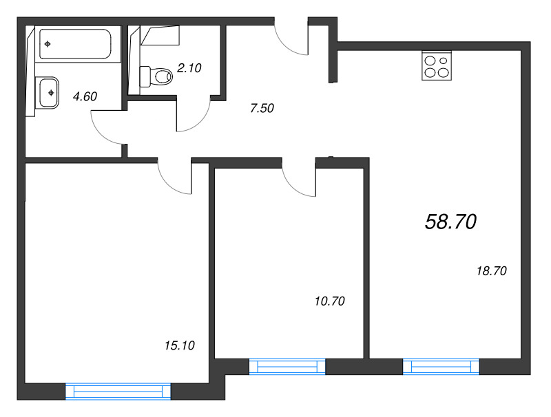 3-комнатная (Евро) квартира, 58.7 м² в ЖК "Руднева 15" - планировка, фото №1