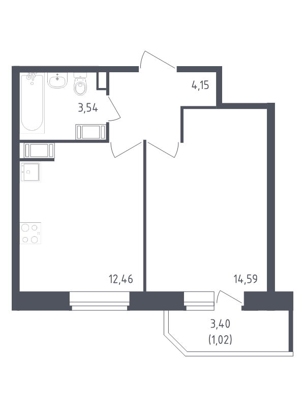 1-комнатная квартира, 35.76 м² - планировка, фото №1