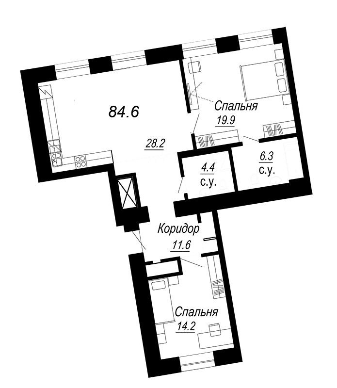 2-комнатная квартира, 86.6 м² - планировка, фото №1