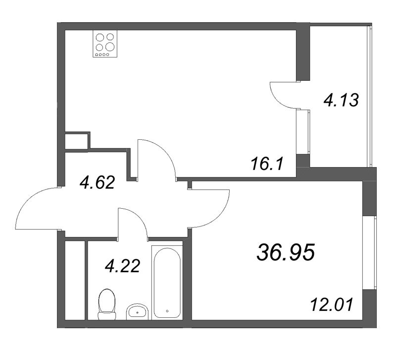 2-комнатная (Евро) квартира, 36.95 м² в ЖК "Ясно.Янино" - планировка, фото №1